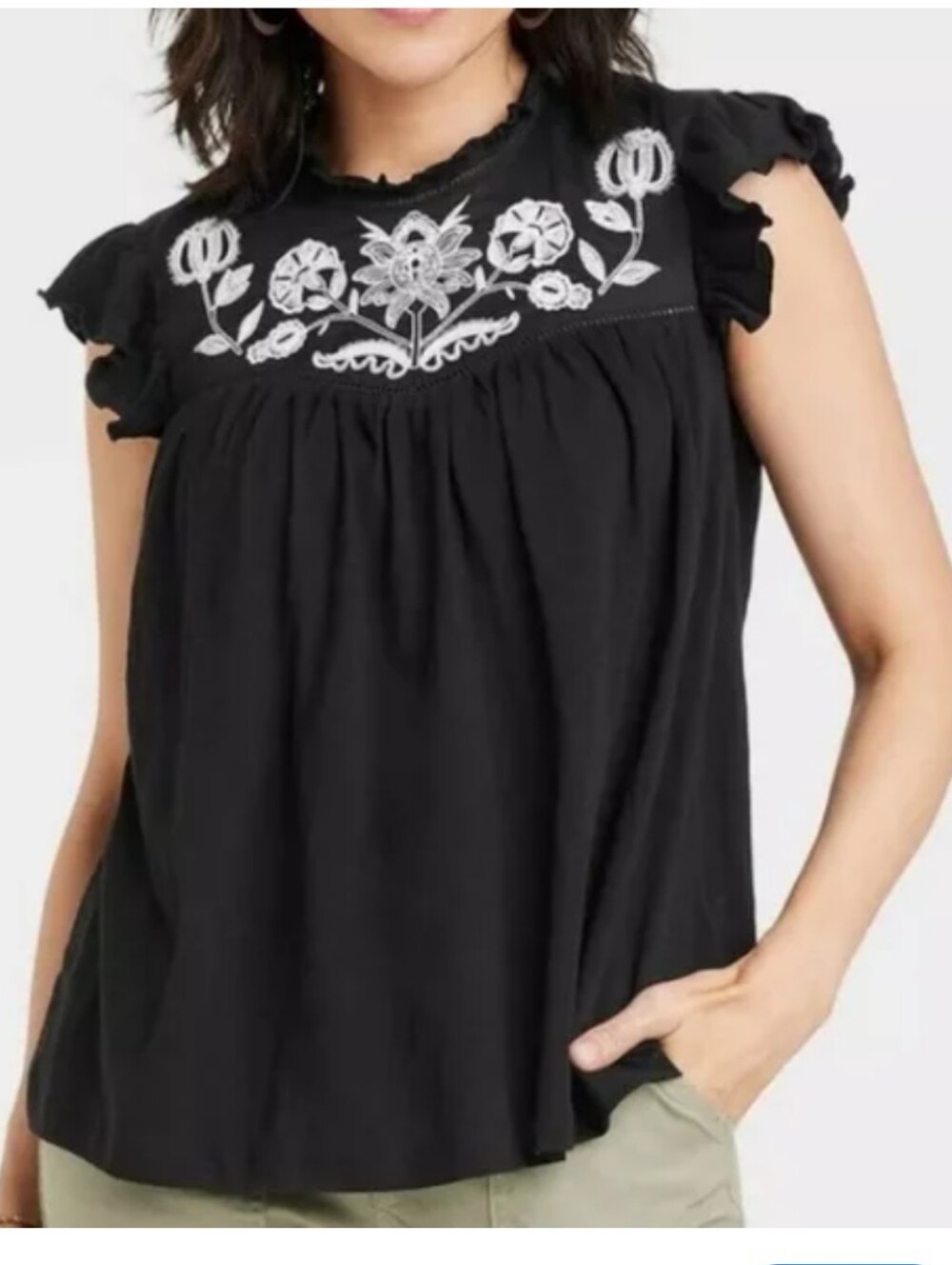 Knox Rose Black Embroidered Yoke Women's Top